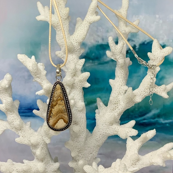 Picture Jasper Necklace - 925 Silver Plated on Waxed Cotton Cord - Handmade - Picture 2 of 10